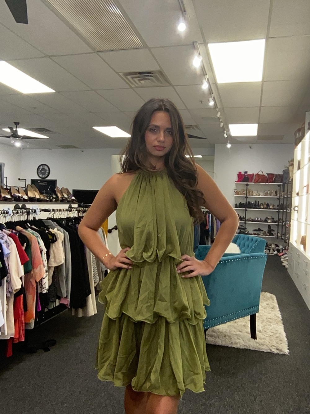 Green 3 Tier Halter Dress Sz S